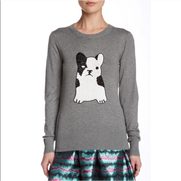 French Connection Grey Bulldog Beaded Sequins Knit Sweater Size Large - Picture 13 of 15
